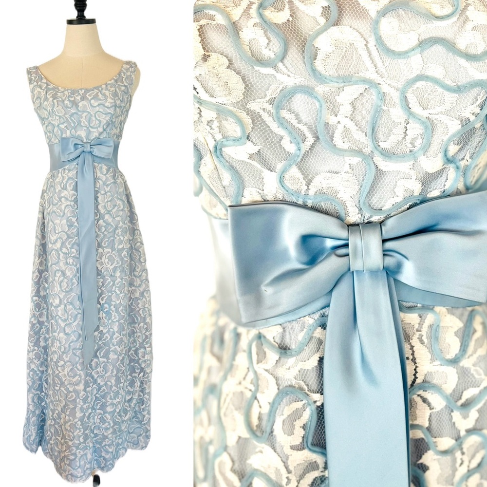 Vintage Blue and White Lace Gown with Satin Bow Small Unusual Pattern Applique